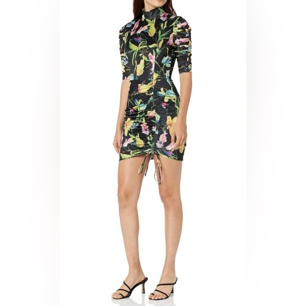 Black Halo Otto Ruched Mockneck Mini Dress in Vibrant Floral Size 6 Black - Picture 2 of 8